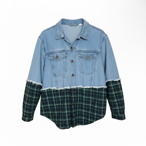Princess Polly Jackets & Blazers - Princess Polly Mixed Media Denim & Flannel Larkin Jean Jacket Blue Green S/M